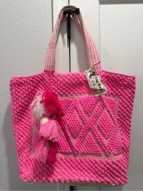 Camel Threads Bubblegum Pink Large Textured Bohemian Beach Bag Woven Tassel Tote